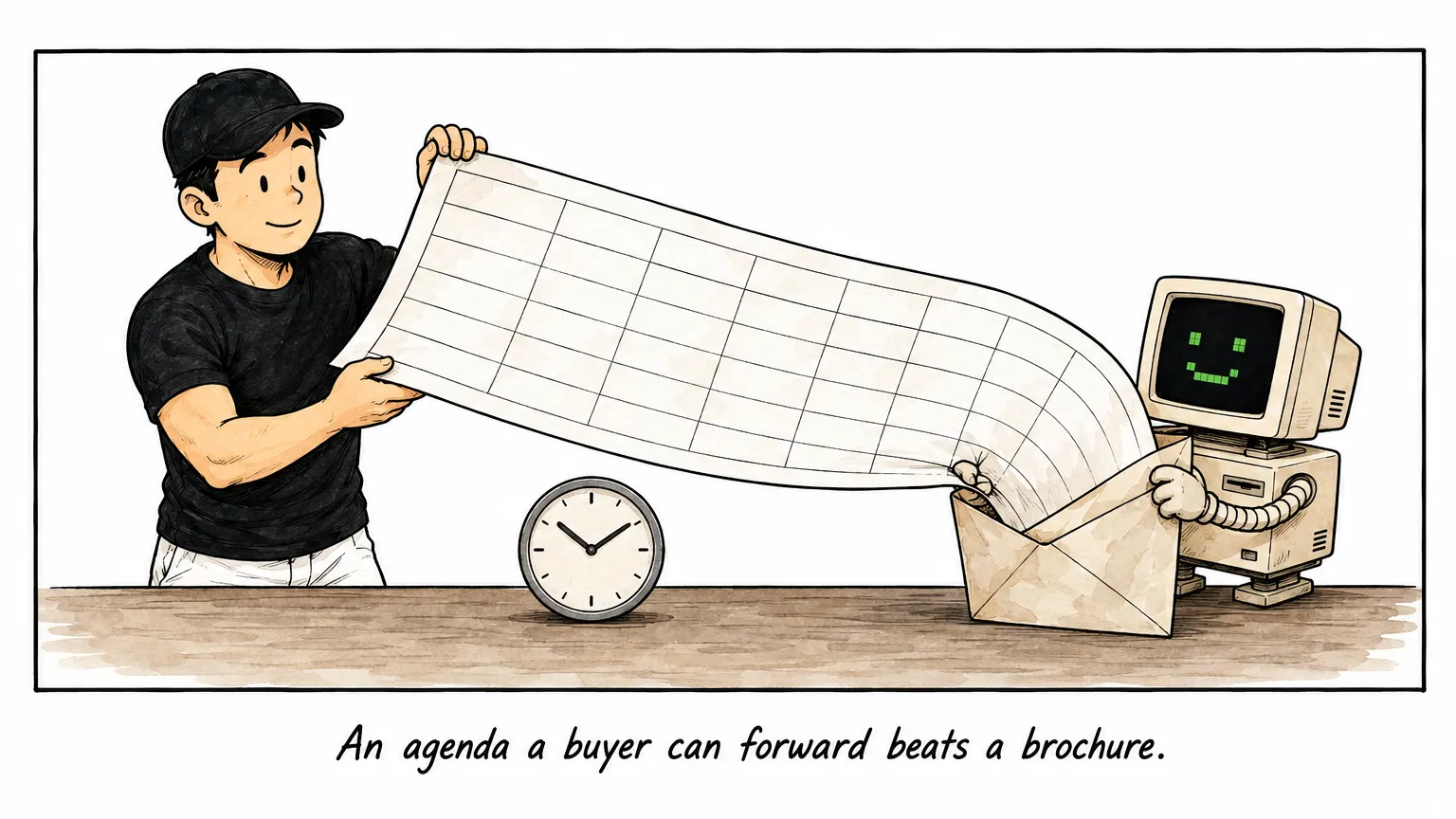 Comic: JW and C feed a long hour-by-hour agenda into an envelope.