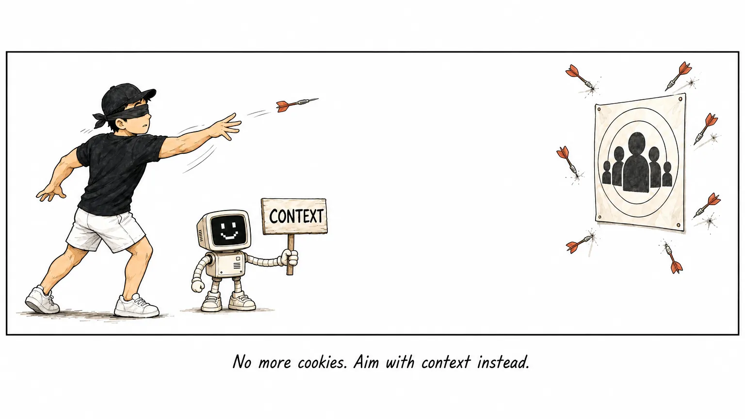 Comic: JW throws darts blindfolded at a wall of customer silhouettes while C holds up a sign reading CONTEXT.