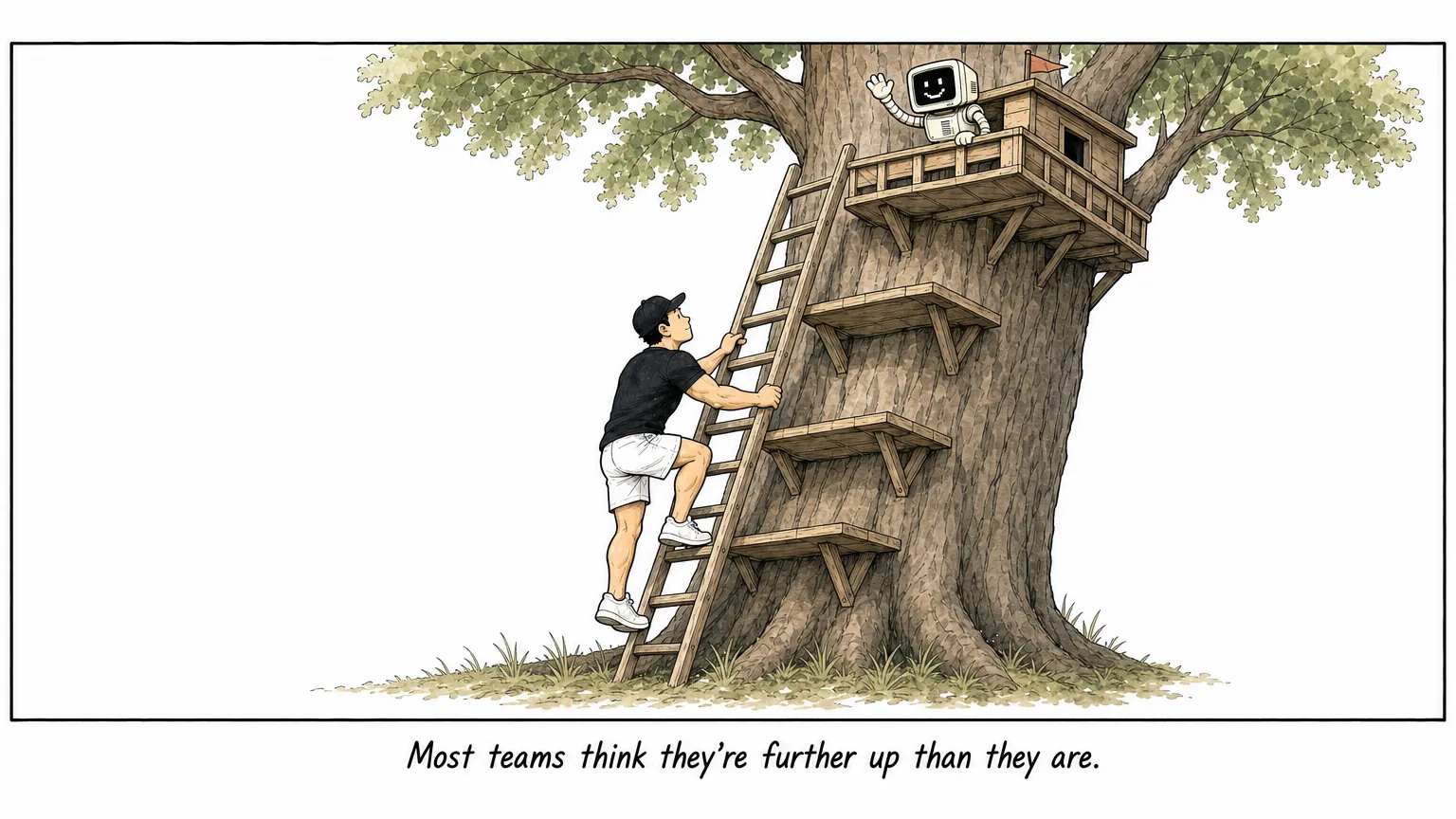 Comic: JW climbs a ladder past four treehouse platforms while the robot C waves from the top.