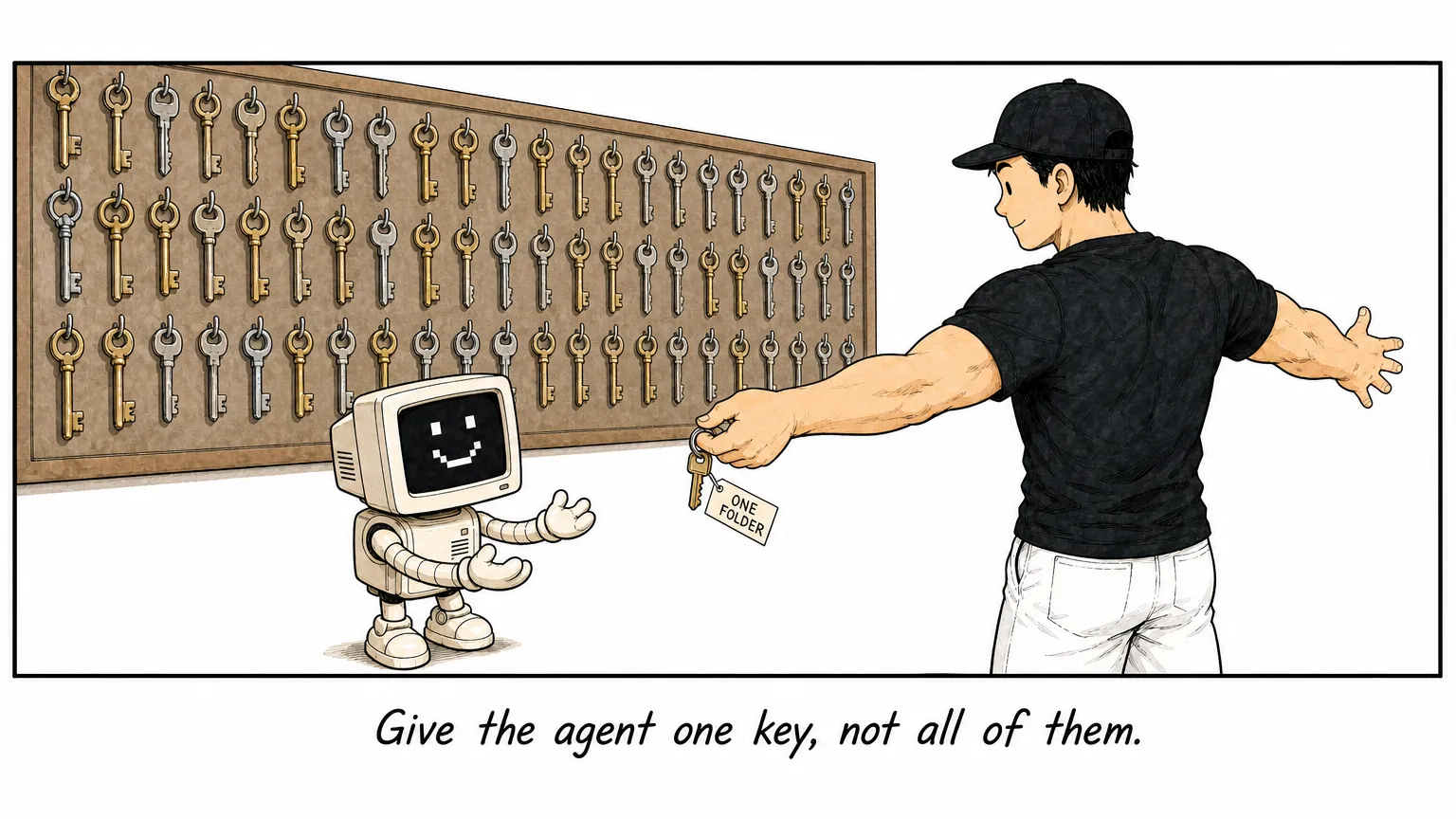 Comic: JW hands the robot C a single key tagged ONE FOLDER in front of a wall of keys.