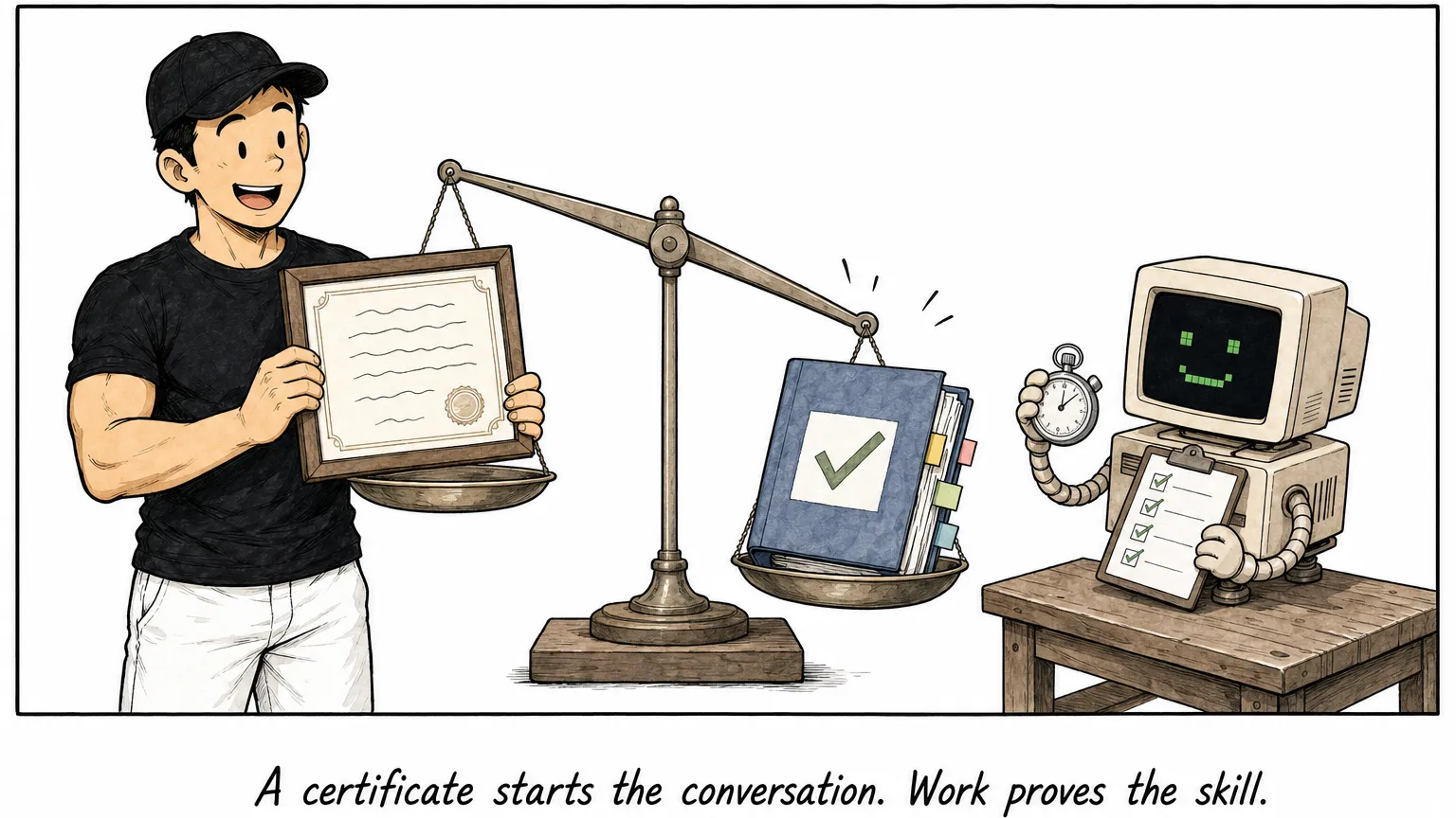 Comic: a balance scale weighs JW's framed certificate against a tested work folder checked by C.