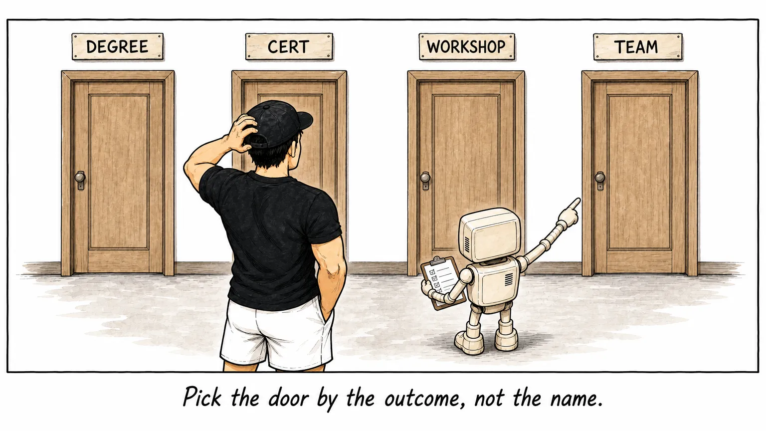 Comic: JW puzzles over four doors labeled Degree, Cert, Workshop and Team while C points at one.