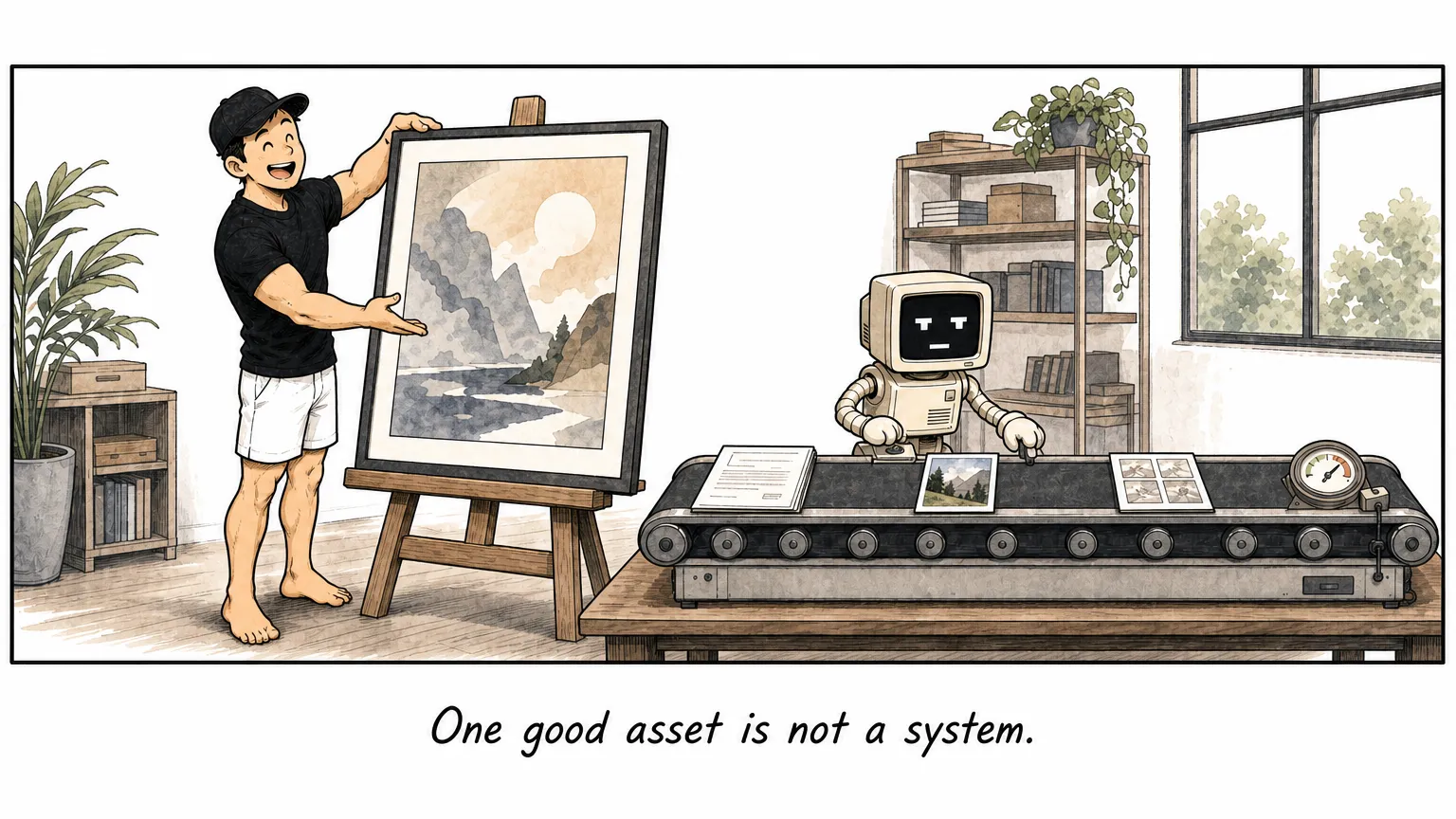 Comic: JW shows off one poster while the robot C runs a small production line of marketing assets.