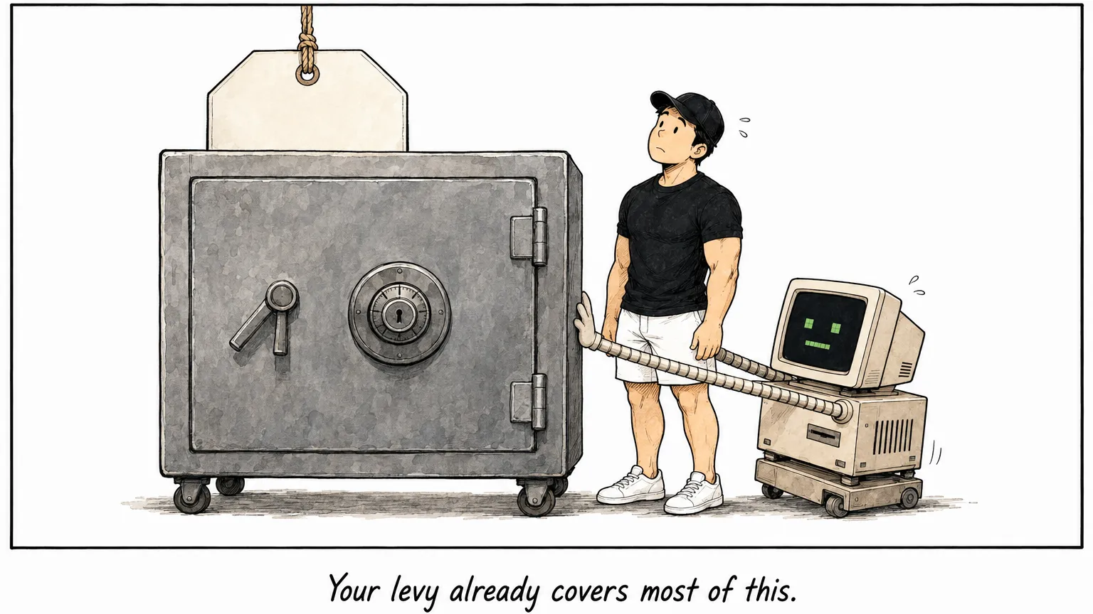 Comic: C wheels a levy strongbox in front of a giant price tag, hiding most of it.