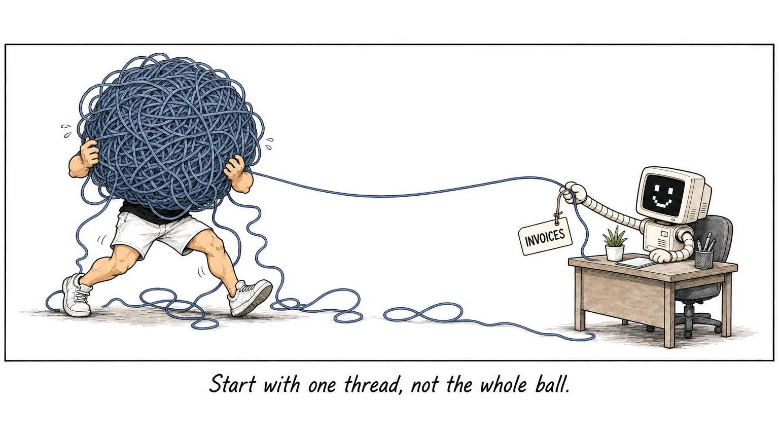 Comic: JW carries a giant tangled ball of yarn while C holds up one thread tagged INVOICES.