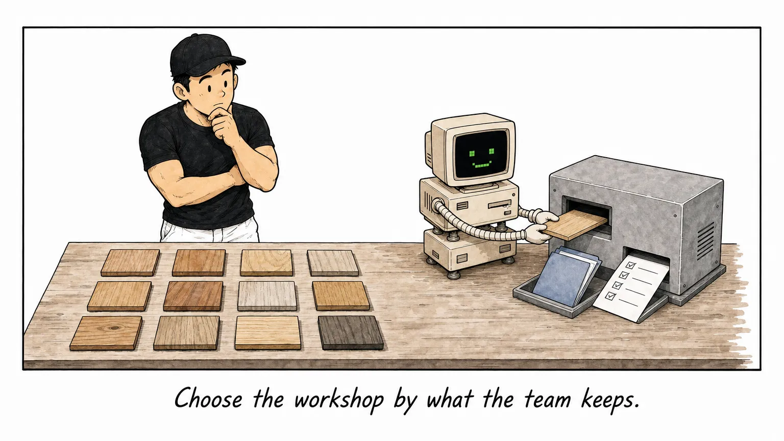 Comic: JW considers twelve workshop tiles while C turns one selected tile into a folder and checklist.