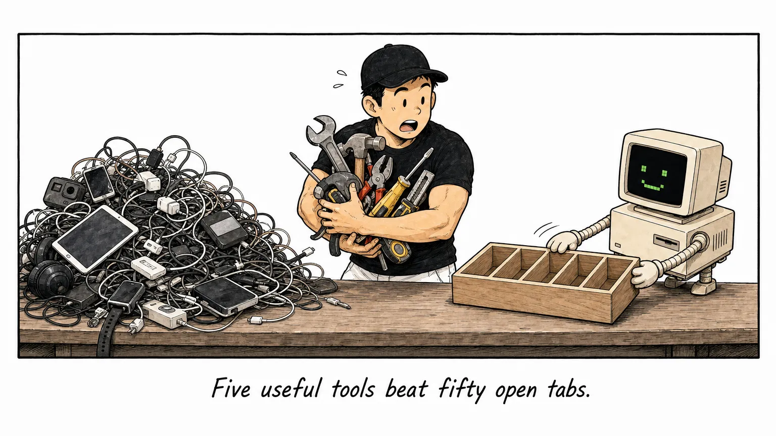 Comic: JW struggles with a heap of tools and tangled cables while C offers a tidy five-slot tool caddy.