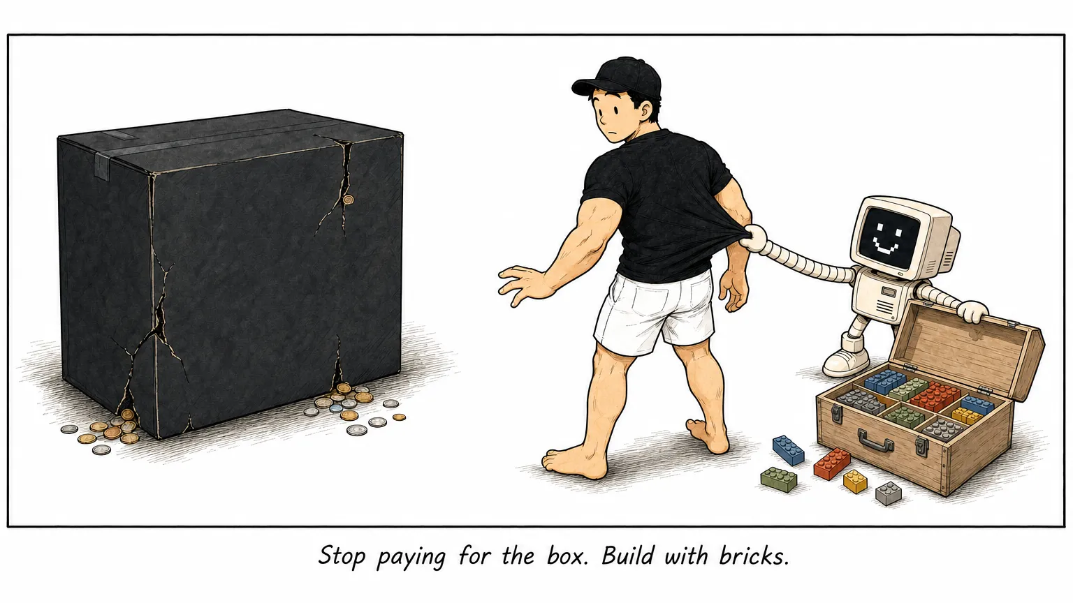 Comic: a sealed black box leaks coins while the robot C offers a toolbox of building bricks.