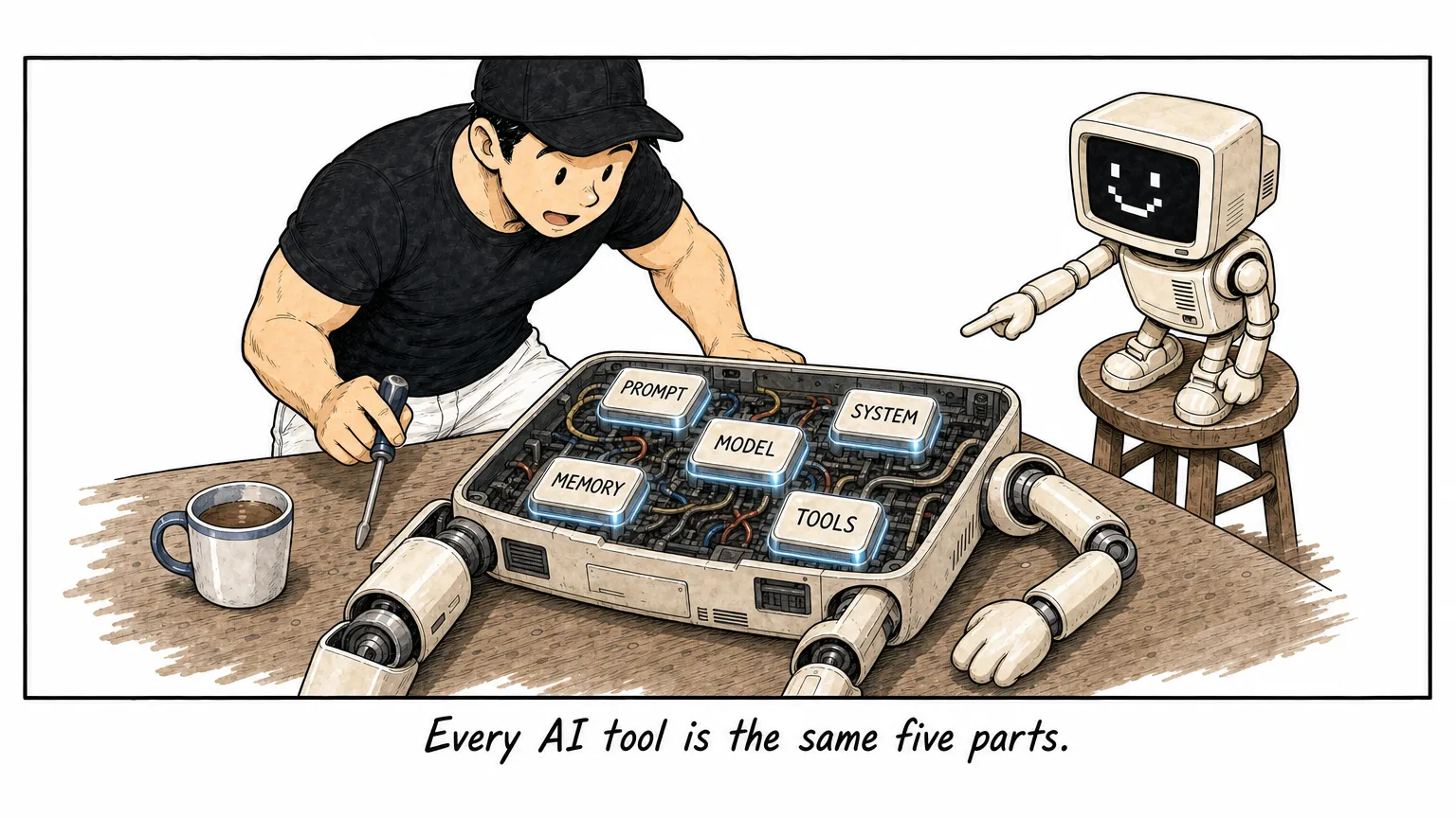 Comic: JW inspects an open robot chassis with five labeled parts: Prompt, System, Model, Memory, Tools.