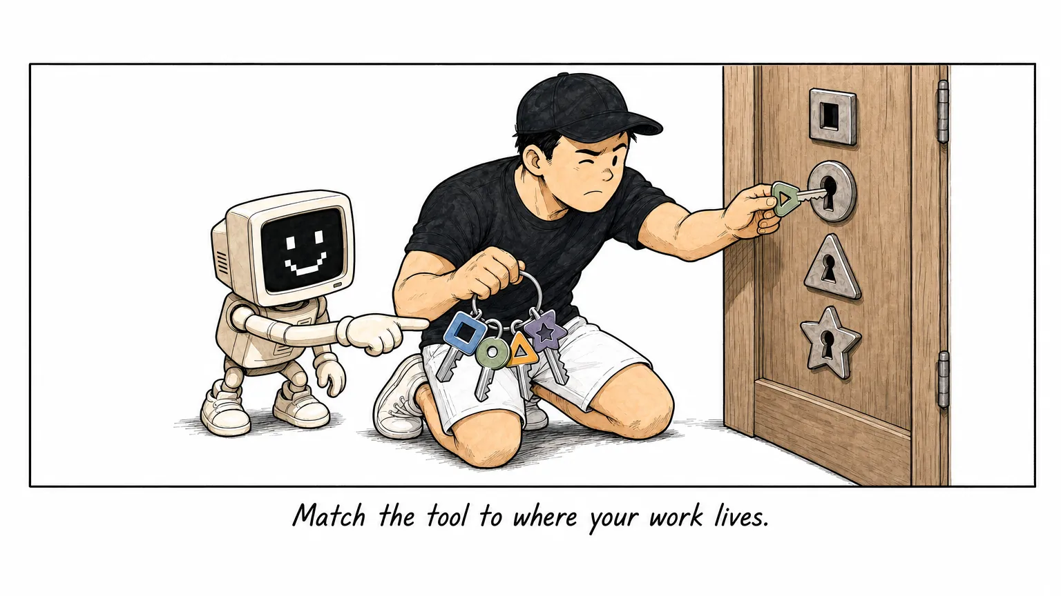 Comic: JW tries four differently shaped keys on a door while the robot C points at the matching one.