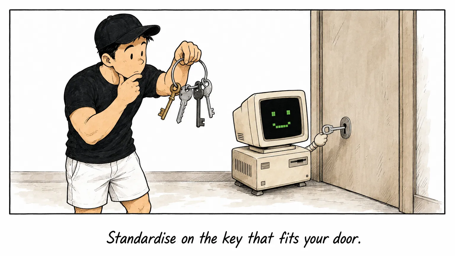 Comic: JW hesitates over four keys while C fits one to the door's keyhole.