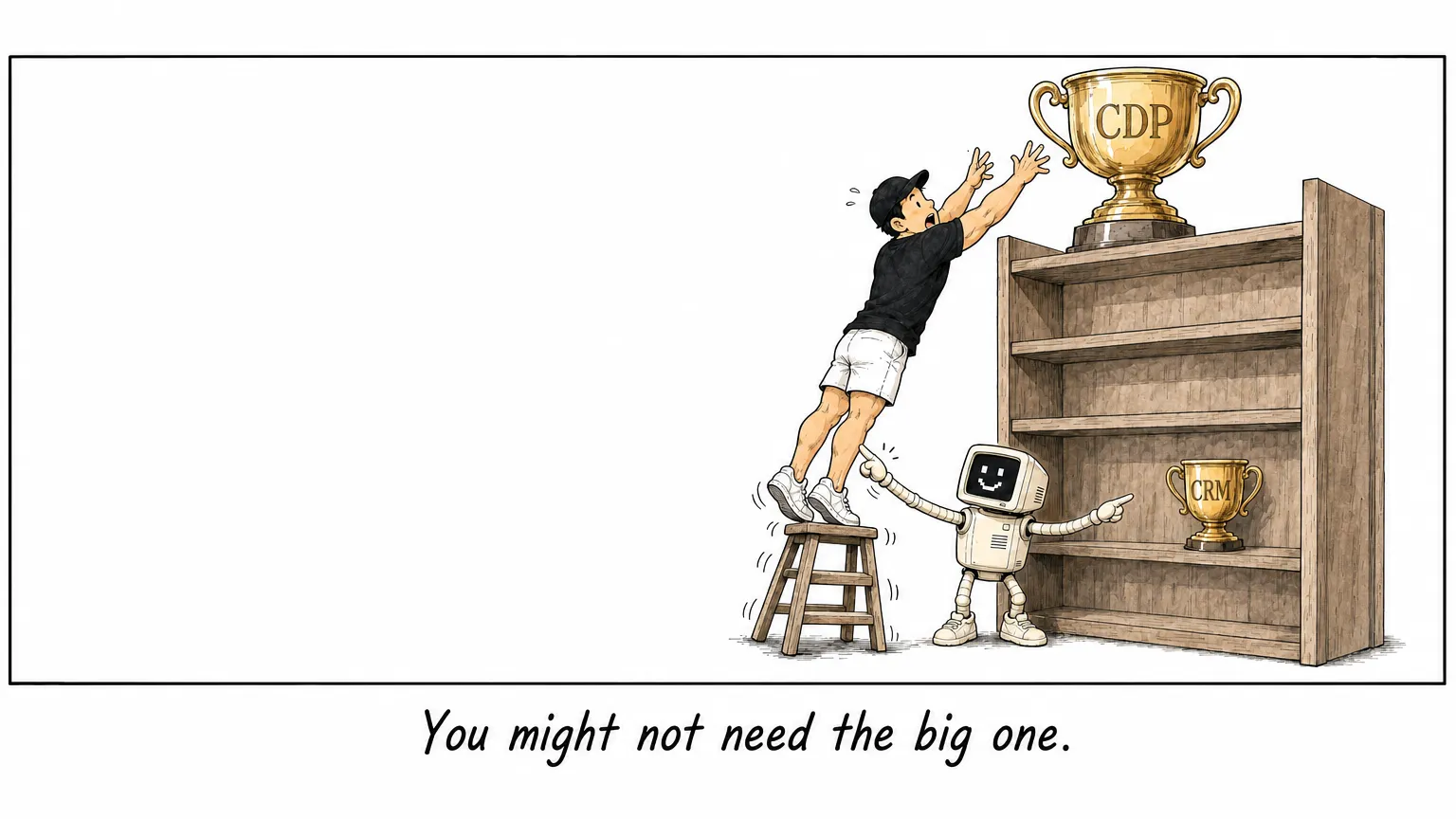 Comic: JW strains for a giant CDP trophy on a high shelf while C points at a small CRM trophy in easy reach.
