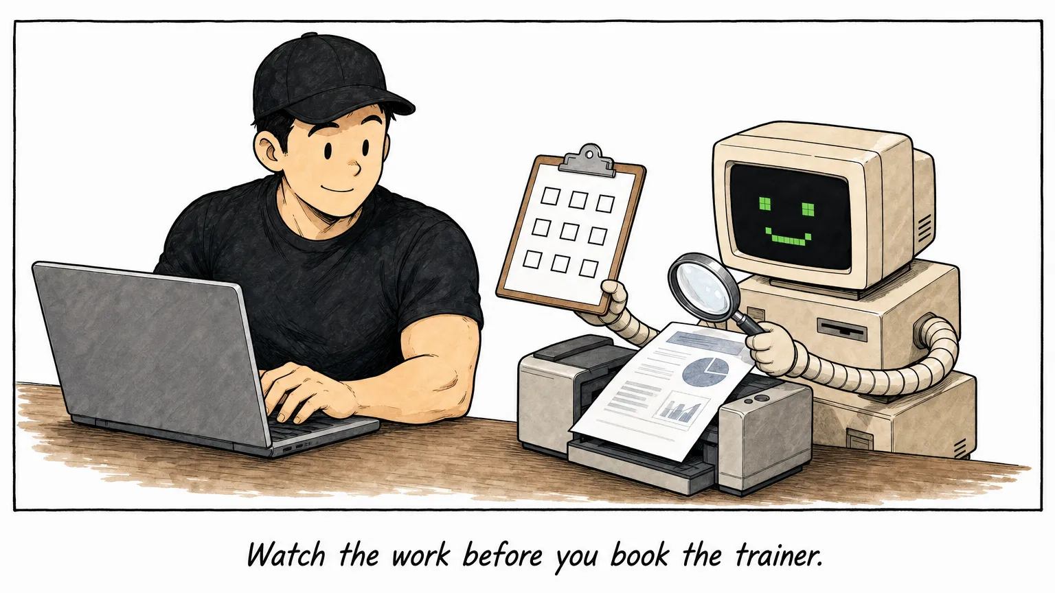 Comic: JW runs a live laptop demonstration while C inspects the printed work with a checklist and magnifying glass.