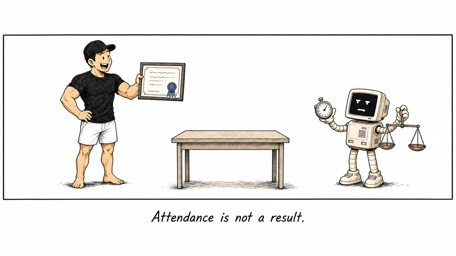 Comic: JW proudly holds a certificate while the robot C holds a stopwatch and a balance scale.
