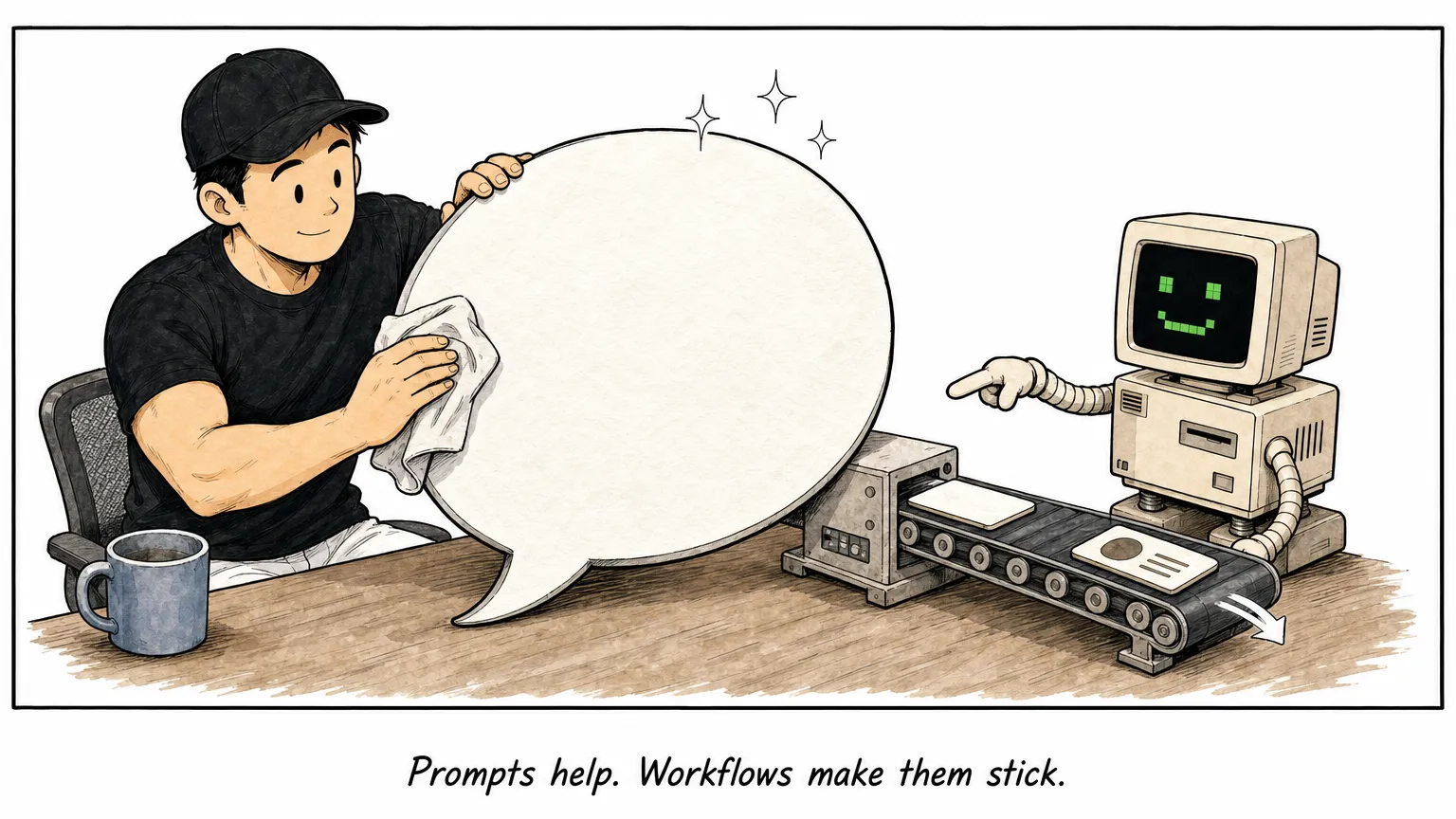 Comic: JW polishes a giant speech bubble while C points to a small working production line.