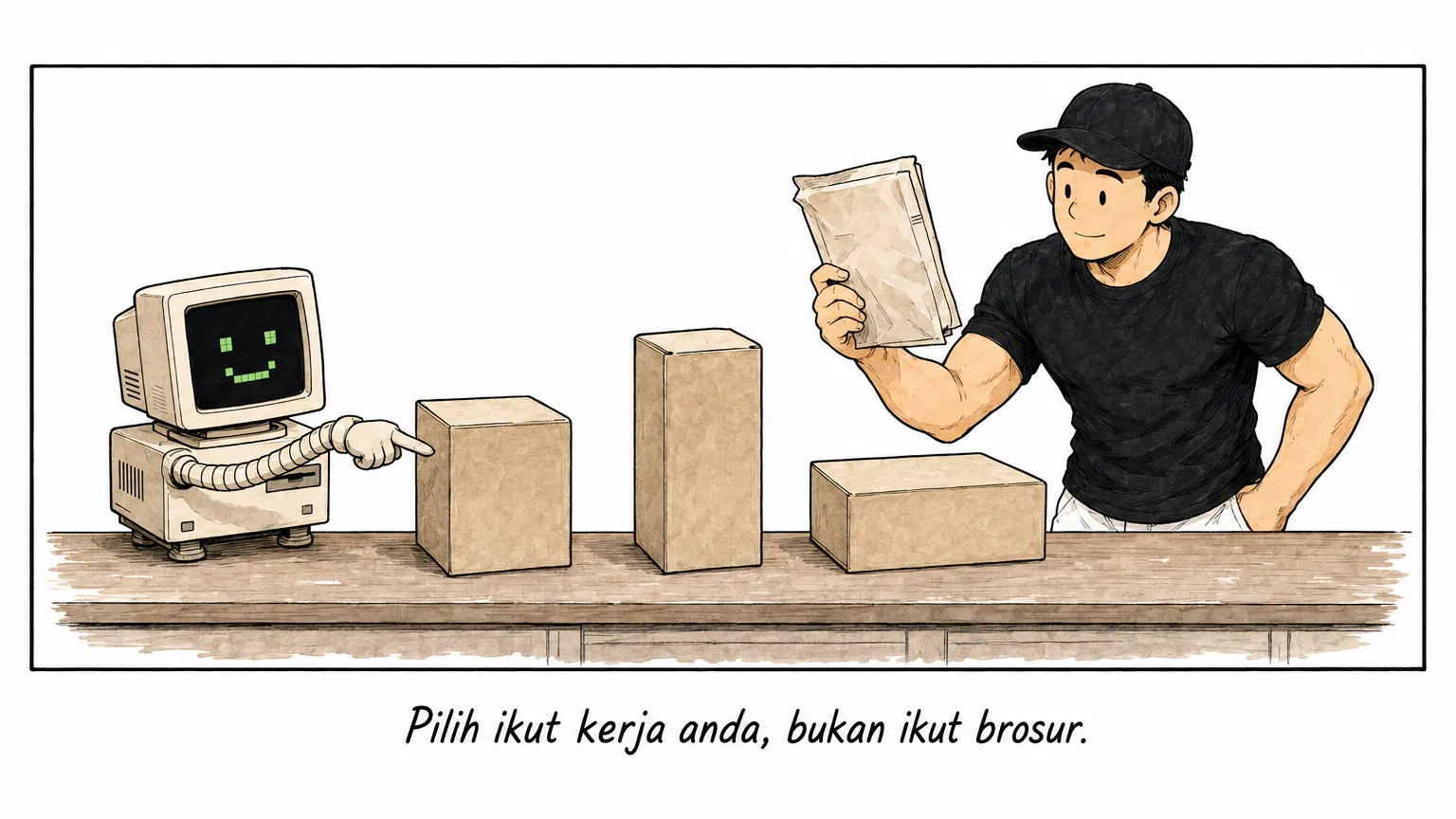 Comic: JW holds up a work document beside three unlabelled course boxes while C points to the matching one.