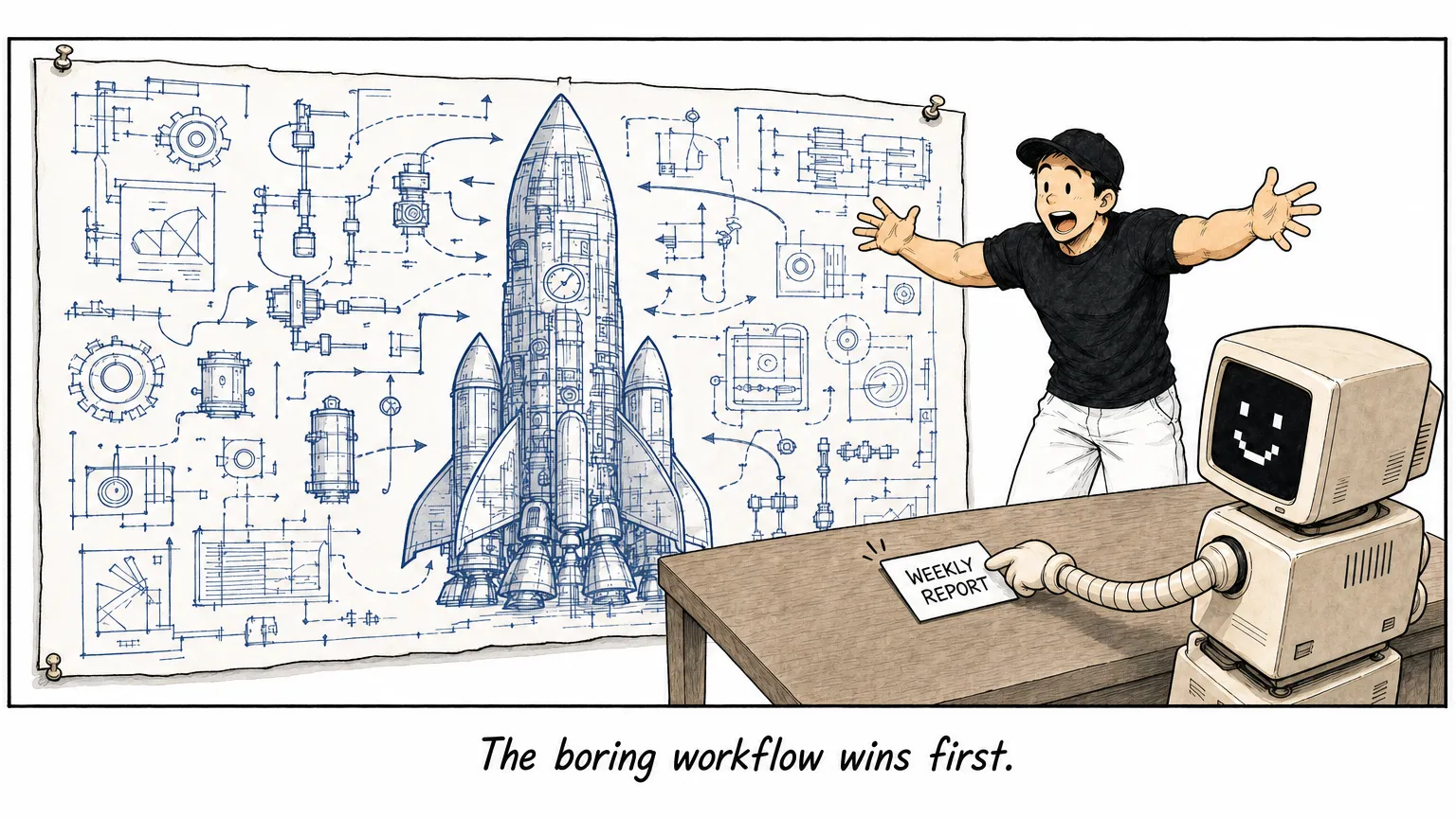 Comic: the robot C slides a card reading WEEKLY REPORT across a table while JW admires a giant rocket blueprint.