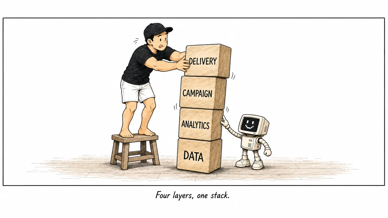 Comic: JW stacks four blocks labeled Data, Analytics, Campaign and Delivery while C steadies the tower.