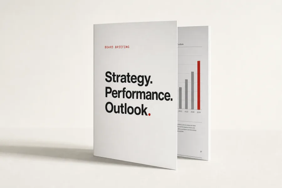 A printed board-briefing booklet standing on a desk.