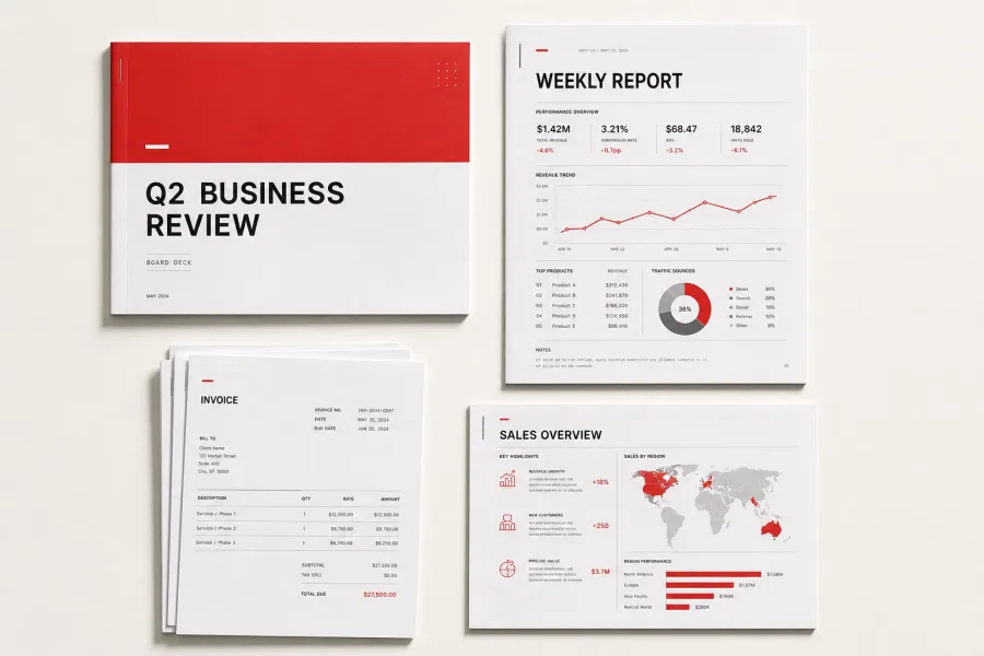 Printed deliverables on a desk: a board deck, a weekly report, invoices and a sales one-pager.