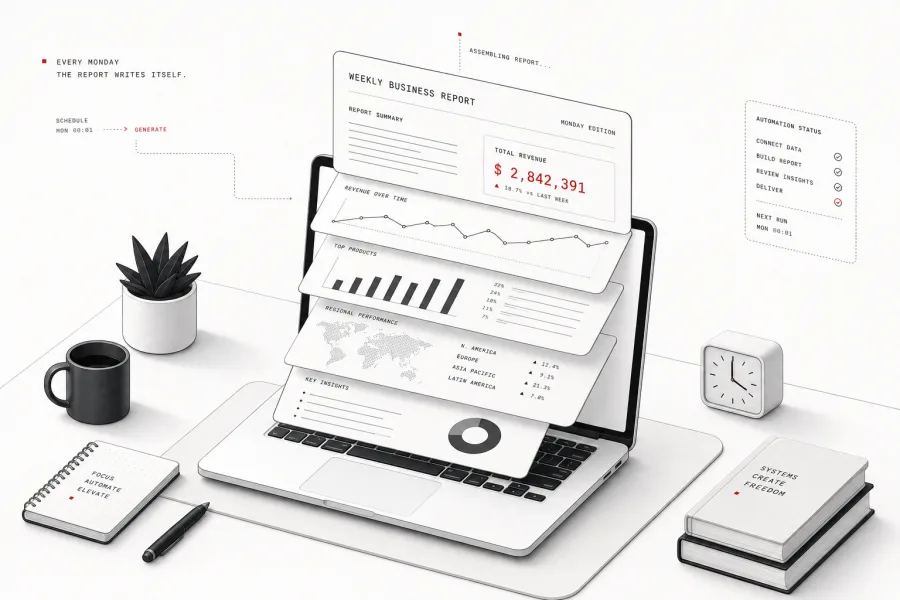A weekly business report drafting itself above a laptop, with a red trend line.