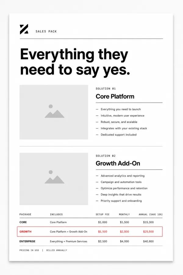 A sales one-pager proposal sheet with pricing.