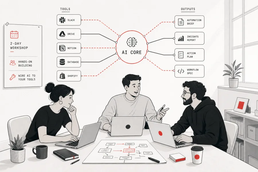 A team wiring their tools into an AI core that produces finished outputs.