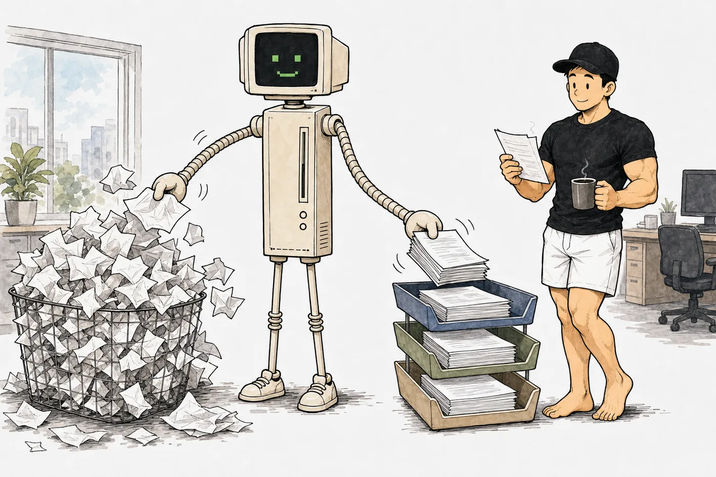 Comic: C turns a basket of messy papers into neat sorted documents while JW reviews one with a coffee