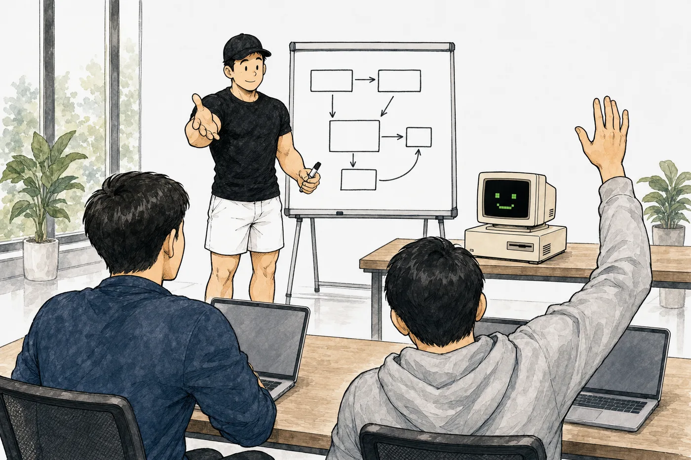 Comic: JW teaches a small training room with C on the front table and participants at laptops