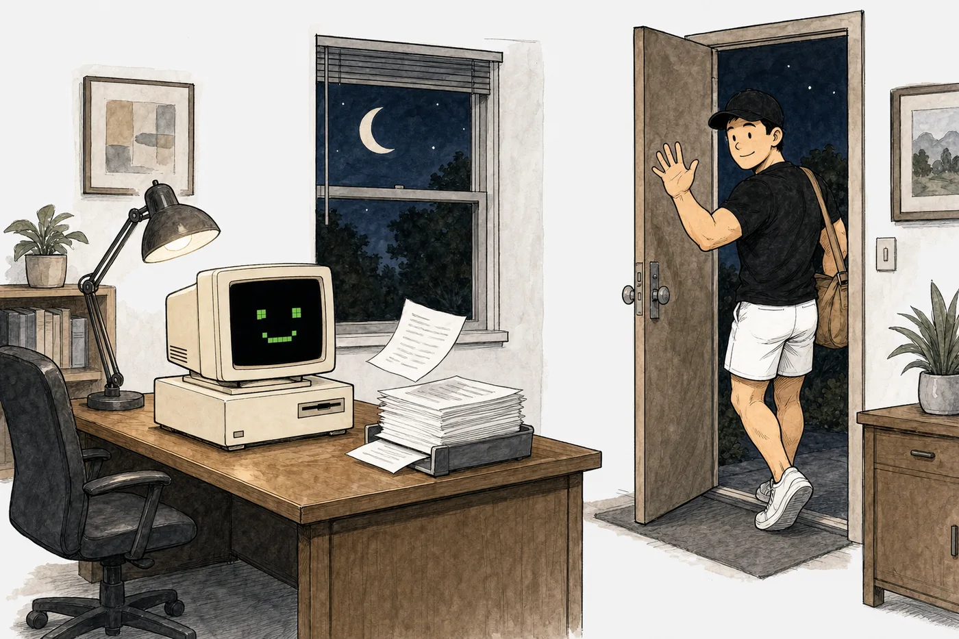 Comic: JW heads home while C, his assistant, keeps happily working at the desk
